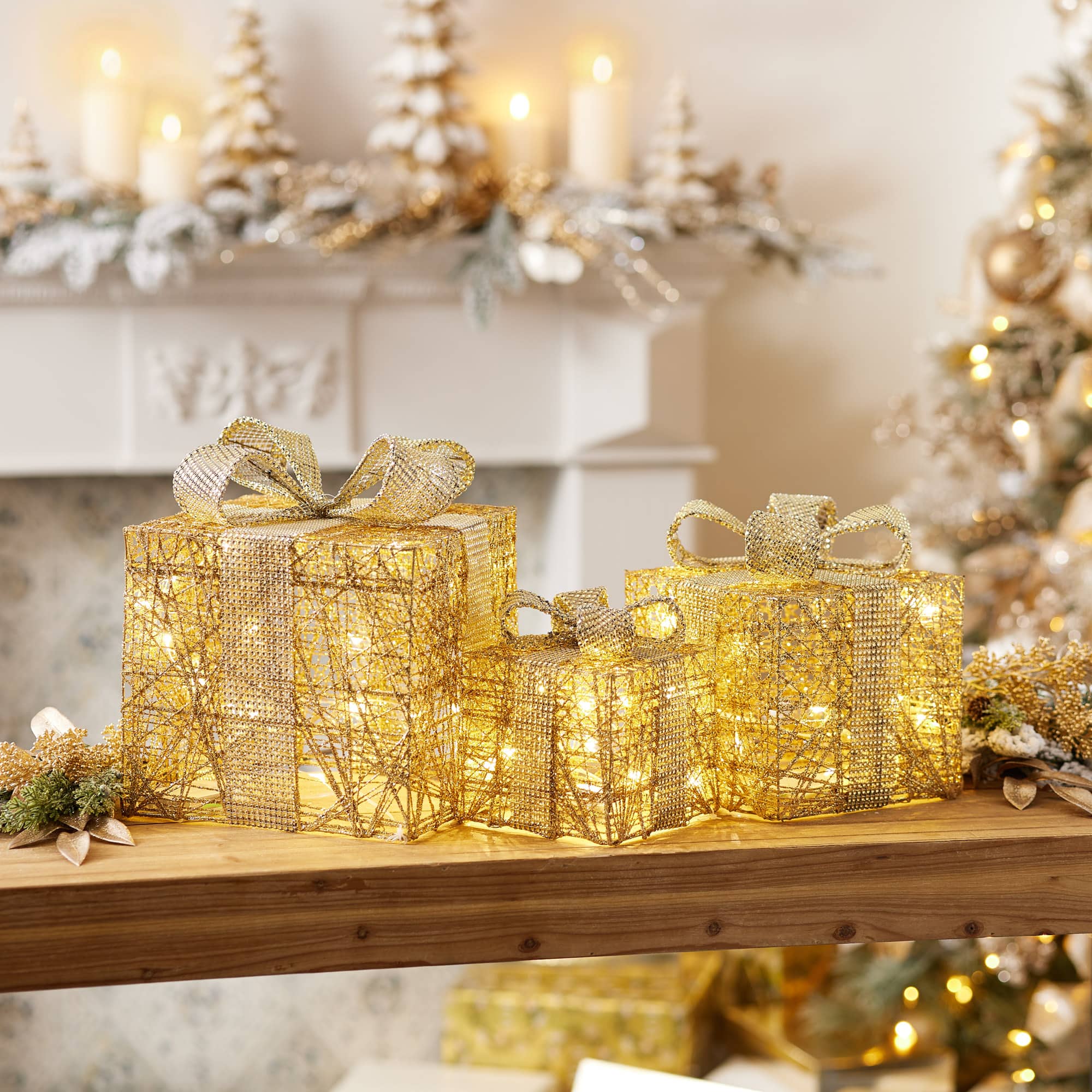 Gold LED Wrapped Presents Display Set